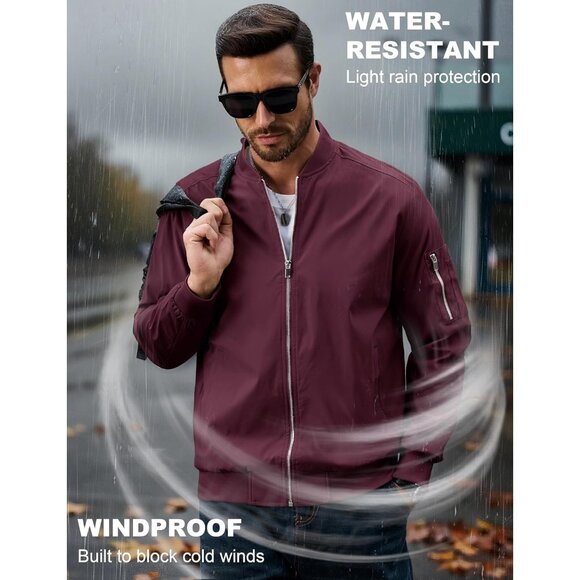 🆕 Men Red Bomber Jacket Lightweight Casual Windbreaker Full Zip Spring Coat - Picture 2 of 6